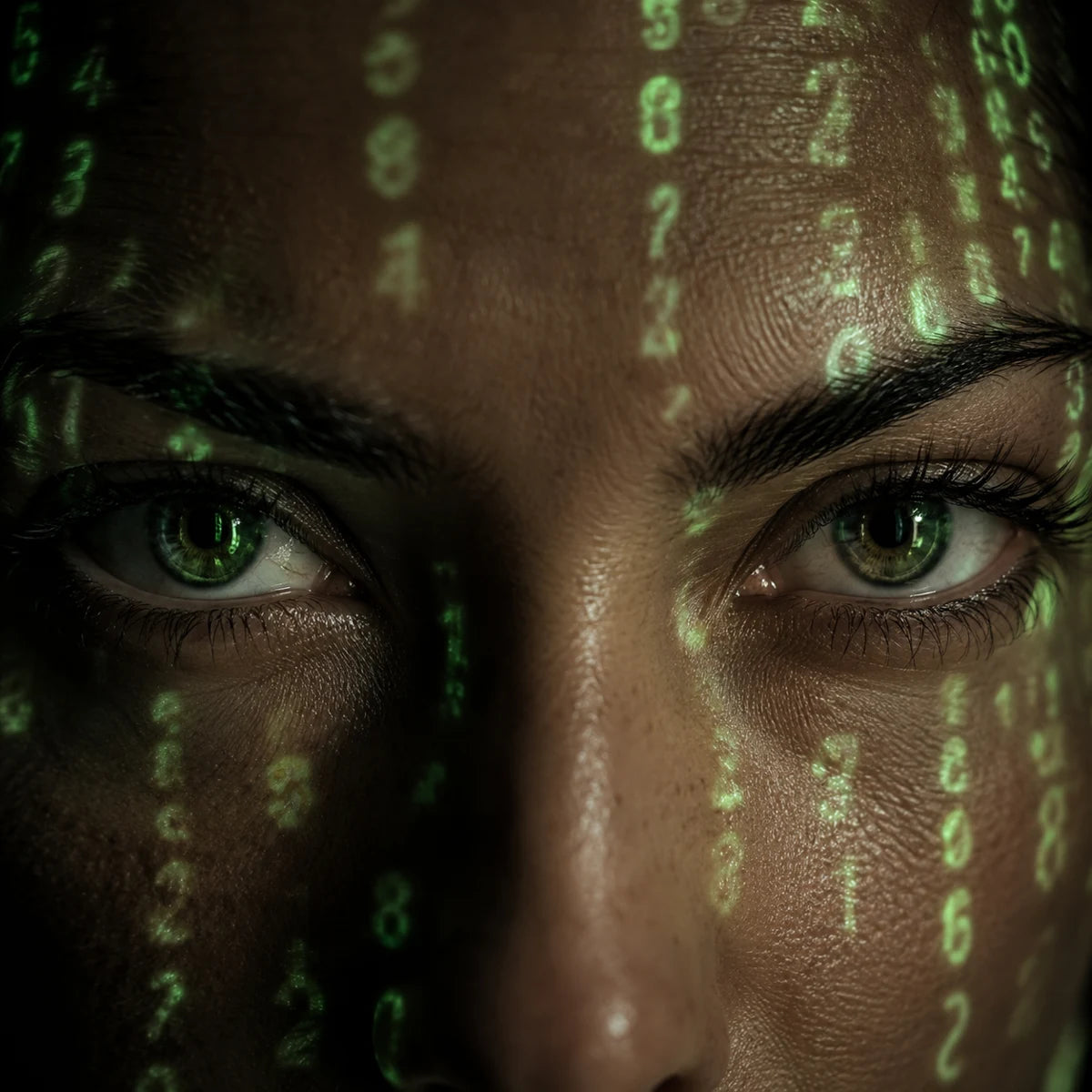 A real person’s eyes illuminated by softly projected green numerical code